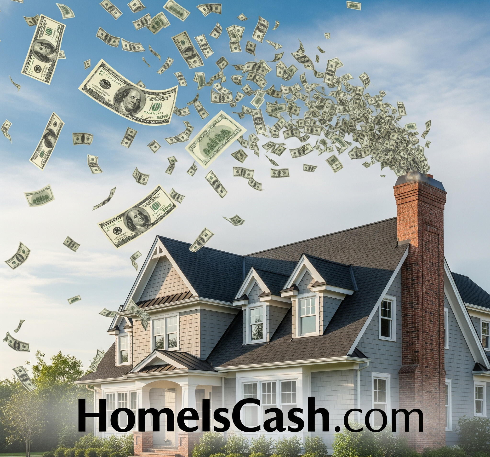 Stacks of cash bursting from a beautiful home — because at HomeIsCash.com, we turn your property into profit.